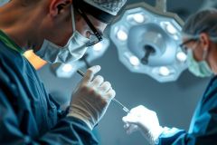 Surgeon performing a surgical procedure in an operating room. Focus on hands and instruments under bright surgical lights. Medical professional wearing gloves and mask.