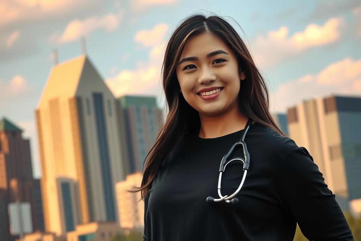 A young woman with long hair is standing outdoors. She is wearing a dark top and has a stethoscope around her neck, suggesting she may be a doctor or medical professional. In the background, there is an urban skyline of tall buildings against a blue sky.