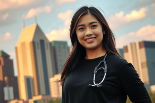 A young woman with long hair is standing outdoors. She is wearing a dark top and has a stethoscope around her neck, suggesting she may be a doctor or medical professional. In the background, there is an urban skyline of tall buildings against a blue sky.