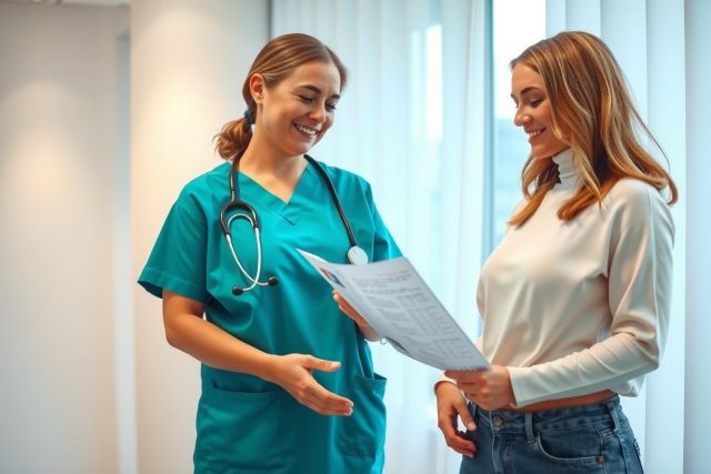 Healthcare professional in scrubs examines patient's chart, indoor setting, blue and white tones, medical consultation, patient care, doctor-patient interaction, wellness checkup.