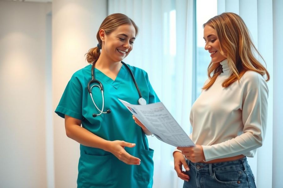 Healthcare professional in scrubs examines patient's chart, indoor setting, blue and white tones, medical consultation, patient care, doctor-patient interaction, wellness checkup.