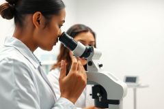 Scientists in white coats examine a microscope in a bright, modern laboratory. The image showcases scientific research, biology, and medical analysis with a focus on precision and discovery. Colors are predominantly white and gray, suggesting a sterile, clinical environment.