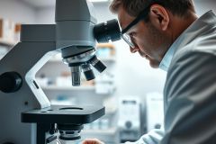 Scientist using a microscope in a laboratory setting. Close-up view of the microscope and a man wearing glasses, conducting research. Gray and white color palette, professional science environment.