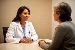 Clinician in a white coat attentively consulting with a patient across an exam table about treatment options.