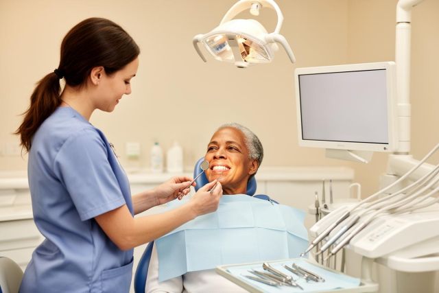 Smiling older patient receives a routine dental exam from a hygienist in a bright, calm treatment room.