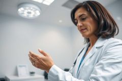 A female doctor in a white coat examines something in her hands within a modern, bright medical office. The scene features a clean, white interior with a circular ceiling light, suggesting a healthcare setting. Focus is on the doctor's hands and thoughtful expression.