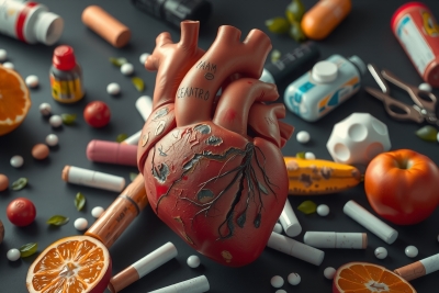 An artistic representation of a red heart on the ground, surrounded by various objects such as orange slices and cigarettes. The heart itself is made of black feathers and has a tree branch design etched onto it.