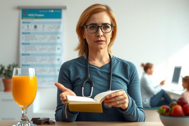 The image shows a woman wearing glasses sitting at a desk, holding a book. She appears to be in a medical office setting as indicated by the presence of health-related posters on the wall behind her. The environment is well-lit with natural light coming through the window. Her attire suggests she could be a doctor or healthcare professional.