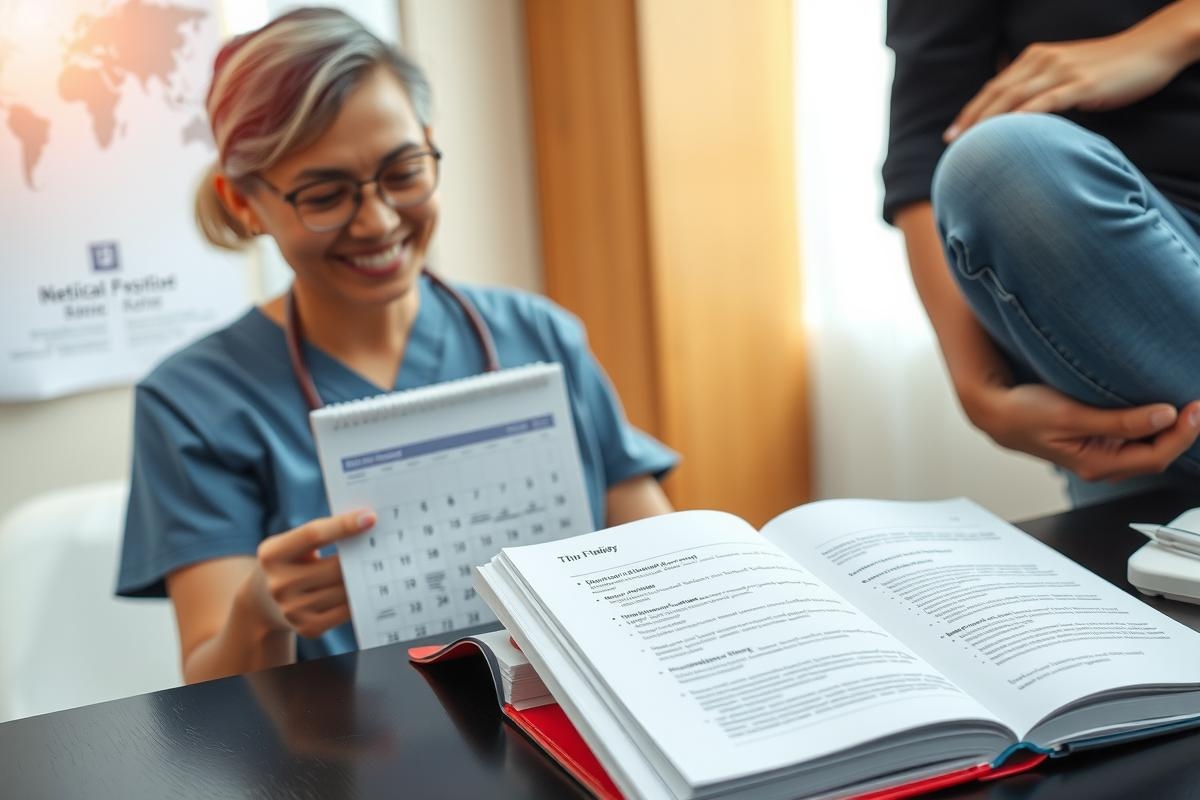 The image shows a professional setting with a smiling nurse, wearing blue scrubs and glasses, holding up a calendar. She is surrounded by various medical textbooks and papers on a table, indicating an educational or training context within the healthcare field.