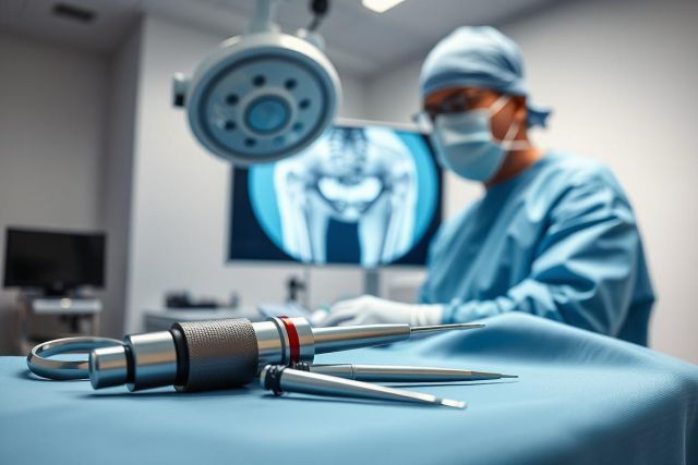 Surgical scene featuring orthopedic tools and a surgeon preparing for knee replacement surgery. The sterile operating room environment is highlighted with blue tones and surgical lighting, with a skeletal image displayed on a monitor. Focus on medical procedures and orthopedics.