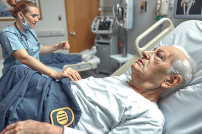 In the image, an elderly man is lying in a hospital bed. A female nurse, dressed in a blue uniform and stands at his side. The man appears to be unwell or possibly undergoing medical treatment. 