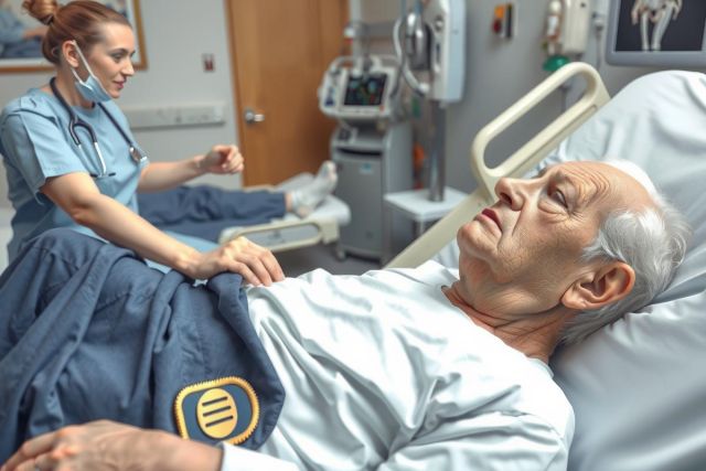 In the image, an elderly man is lying in a hospital bed. A female nurse, dressed in a blue uniform and stands at his side. The man appears to be unwell or possibly undergoing medical treatment. 