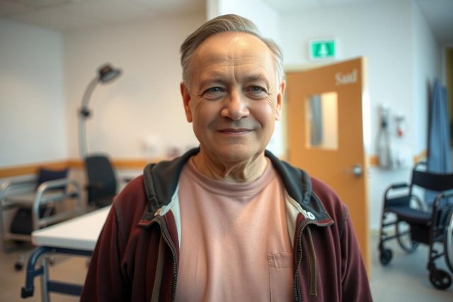 The image features an elderly man standing in what appears to be a medical or healthcare facility. He has short, gray hair and is wearing casual attire with a prominent pink jacket or shirt overlaid on a darker base layer.