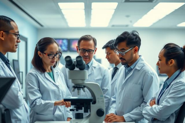 Scientists examining a microscope in a lab. Researchers in white coats are observing, suggesting scientific research or medical analysis. Bright, modern lab setting.