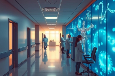 The image depicts a futuristic hospital setting with medical staff and interactive digital displays. There are blue, green, and orange hues dominating the scene, suggesting a sterile yet vibrant environment. The large screens on the walls showcase molecular structures that could represent advanced research or patient data visualizations.