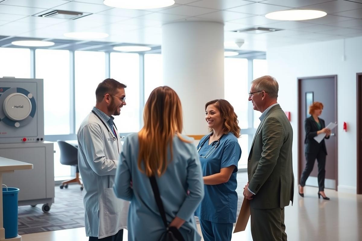 This image captures a bustling hospital corridor, with medical professionals engrossed in conversation. The environment is characterized by clean white walls and flooring, which are typical of a sterile healthcare setting. At the center, a group of doctors and nurses are gathered, exchanging information.