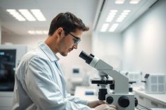 Scientist in a modern laboratory using a microscope. The image features a young man in a white lab coat, focused on research in a bright, clean, white-walled environment. A key visual showcasing science, research, and medical analysis.