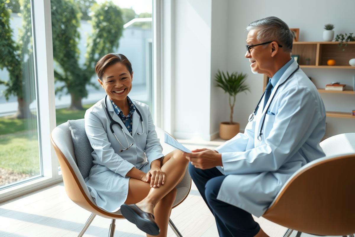 Two medical professionals, a male doctor and female nurse, are engaged in a discussion. They are inside an office with modern furniture, wearing professional attire indicative of their roles in the medical field.