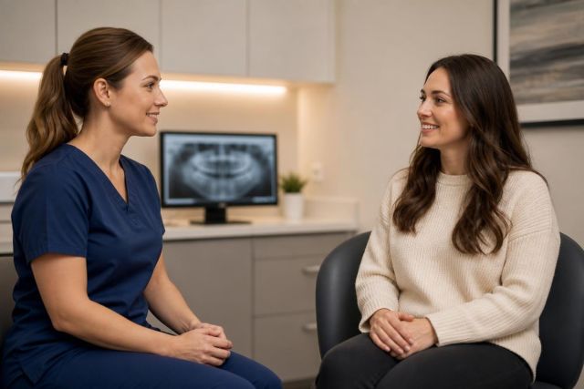Dental professional consulting a smiling patient in an exam room with a dental X-ray visible.