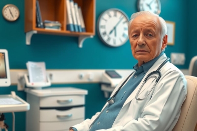 A doctor in a medical office, looking concerned. He is wearing a white coat and sitting at a desk with various medical equipment behind him.