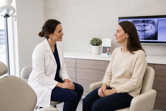 Dentist consulting with patient in modern dental exam room, X-ray visible on monitor.