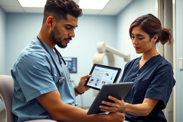 Two healthcare professionals in scrubs examine a tablet displaying patient data in a modern clinic setting. The image conveys a focus on digital healthcare and patient records.