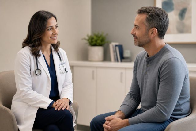 Doctor and patient consulting in a calm clinical office, discussing treatment options and care details.