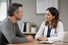 Doctor and patient in clinic consultation at desk, calm discussion about treatment and costs.