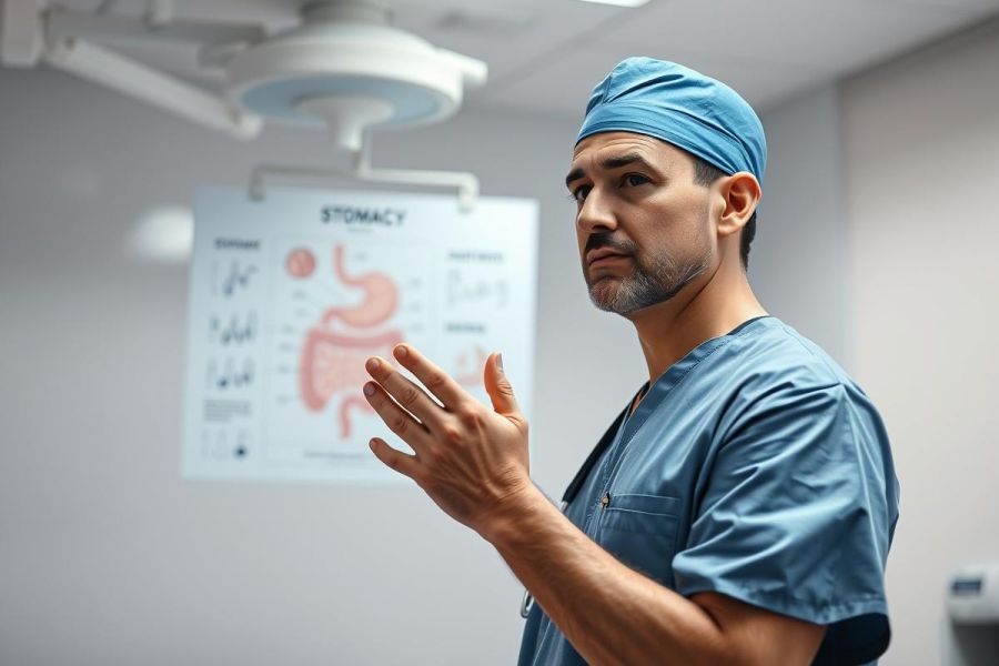Male surgeon in blue scrubs and head covering explains stomach anatomy in a brightly lit medical clinic. Chart of the digestive system visible in background. Healthcare professional, surgery, medical illustration.