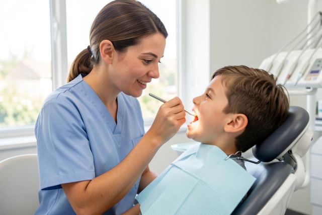 Dental hygienist examines a young boy's teeth in a bright clinic, demonstrating early orthodontic screening.