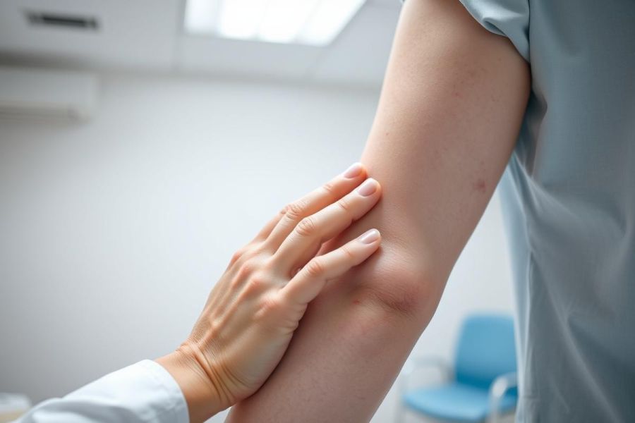 Close-up of a healthcare professional examining a patient's arm in a clinical setting. The image shows a hand gently touching the arm, likely assessing skin condition. Soft, neutral colors and a medical environment suggest a dermatology or wellness checkup.