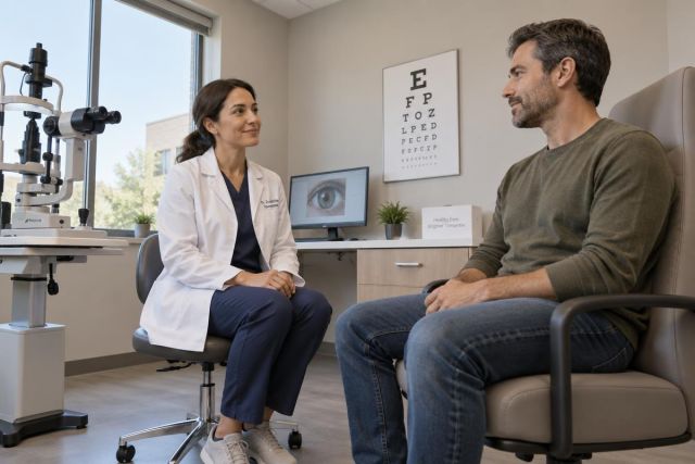 Ophthalmologist consulting with patient in exam room, eye chart, slit lamp, and diagnostic monitor visible.