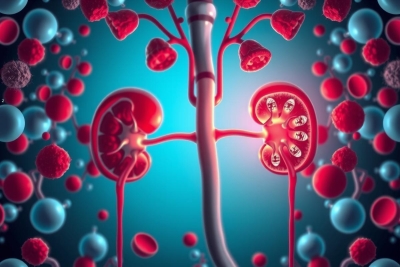 The image features a medical illustration of human kidneys, set against a background that depicts red blood cells and molecules in blue. The scene is rendered with vibrant colors, emphasizing the organ's complexity and interconnectedness within the body's circulatory system.