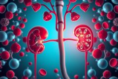 The image features a medical illustration of human kidneys, set against a background that depicts red blood cells and molecules in blue. The scene is rendered with vibrant colors, emphasizing the organ's complexity and interconnectedness within the body's circulatory system.