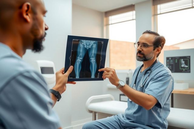 Doctor examines an X-ray of a knee joint with a patient in a medical clinic. Healthcare professional in scrubs reviews the image in a brightly lit room, demonstrating diagnostic procedures.
