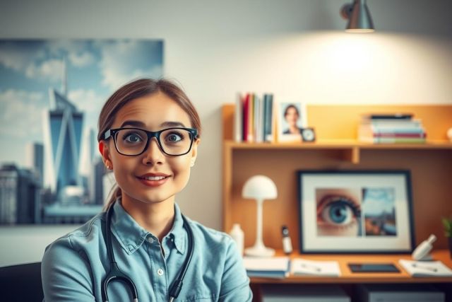 The image features a young woman with glasses in an office setting. She appears to be engaged in her work, looking directly at the camera with a slight smile. The office environment includes books on shelves, a desk with electronic devices and papers, and an overall modern and professional ambiance.