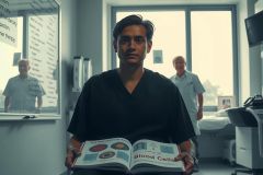 In a hospital setting, a man in medical scrubs stands with confidence, holding up two books. He is flanked by other healthcare professionals who are observing him. The room has modern medical equipment and a patient on the bed. The scene conveys a sense of teaching or research within a professional environment.