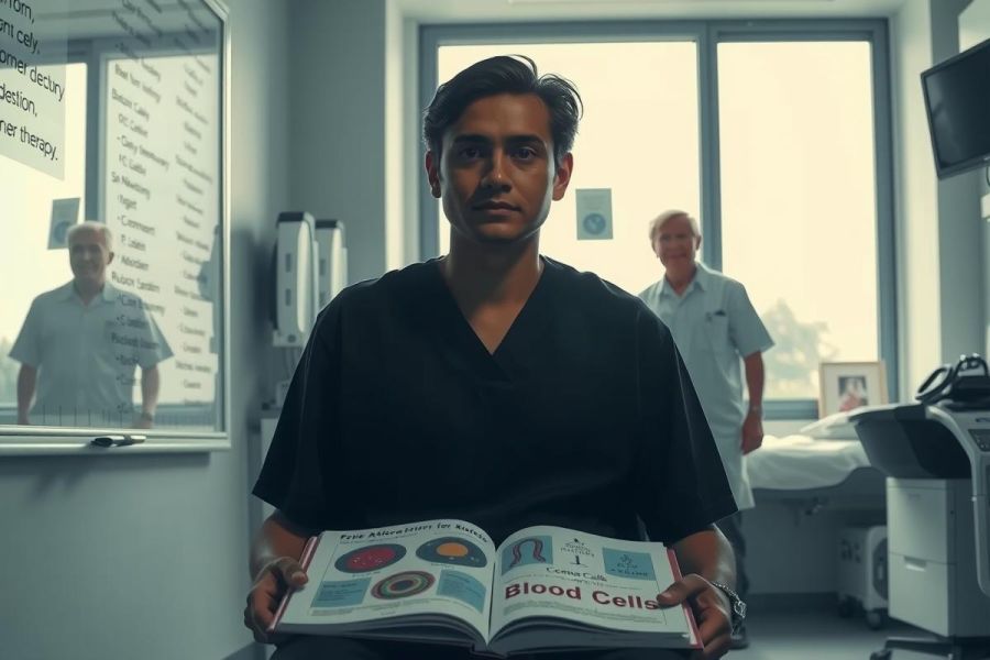 In a hospital setting, a man in medical scrubs stands with confidence, holding up two books. He is flanked by other healthcare professionals who are observing him. The room has modern medical equipment and a patient on the bed. The scene conveys a sense of teaching or research within a professional environment.