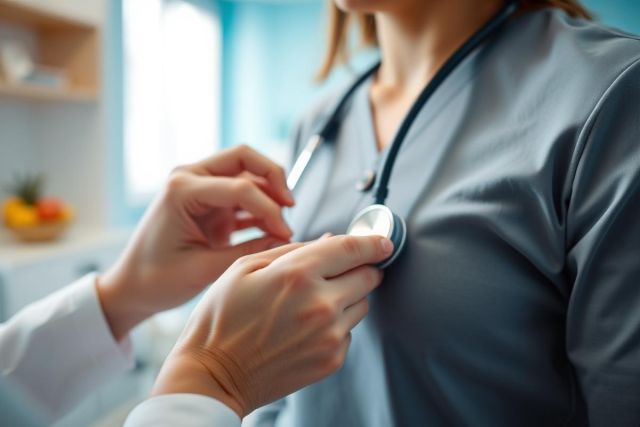 Close-up of a medical professional using a stethoscope on a patient in a bright, modern clinic. Focus on healthcare, examination, and patient care. Blue and gray tones dominate the scene, conveying a clinical environment.
