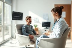 Doctor consulting with a patient in a bright, modern clinic. A female physician wearing a white coat and stethoscope discusses health concerns with a male patient seated in a comfortable chair. The scene conveys a medical consultation in a healthcare setting. Light and neutral colors dominate the image.