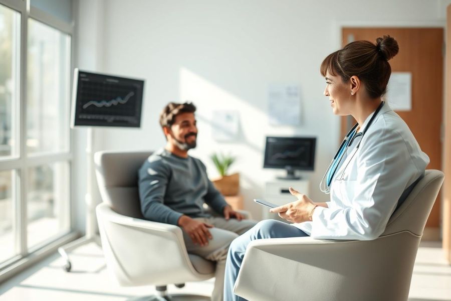 Doctor consulting with a patient in a bright, modern clinic. A female physician wearing a white coat and stethoscope discusses health concerns with a male patient seated in a comfortable chair. The scene conveys a medical consultation in a healthcare setting. Light and neutral colors dominate the image.