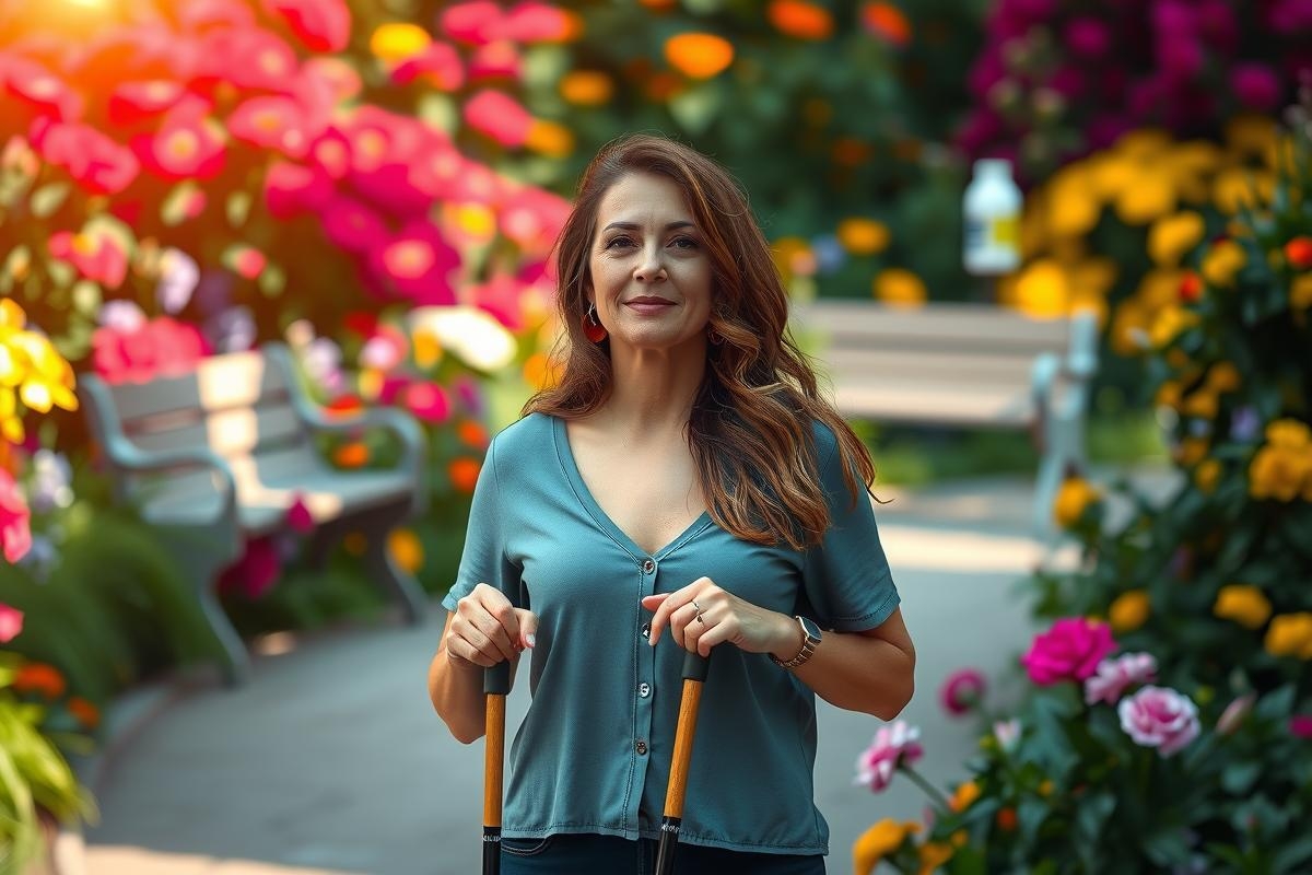 The image shows a woman walking in a flower garden. She is dressed in casual attire and appears to be enjoying her time outdoors, surrounded by vibrant flowers and plants.