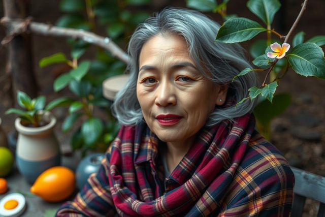The image depicts an elderly woman with grey hair, sitting in a garden area. She is dressed in what appears to be cooler weather clothing, possibly indicating it's autumn or early spring.