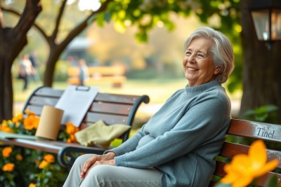 The image shows an elderly woman sitting on a park bench. She is wearing a grey jacket and appears to be smiling or laughing, suggesting a joyful moment. The bench is situated in a sunny location with lush greenery in the background, possibly autumn foliage.