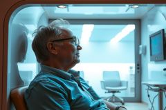 Man in a doctor's office, side view. He's wearing glasses and a blue shirt, looking to the right. The room has medical equipment and a chair. Healthcare setting.