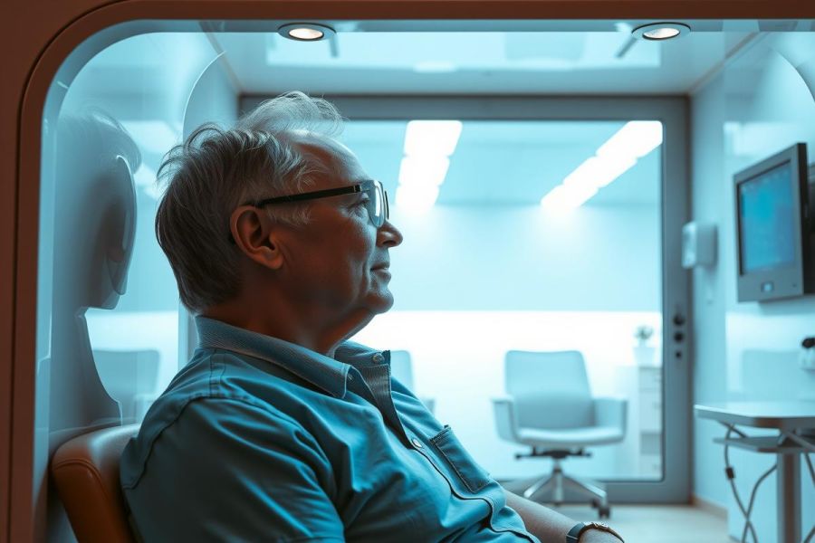 Man in a doctor's office, side view. He's wearing glasses and a blue shirt, looking to the right. The room has medical equipment and a chair. Healthcare setting.