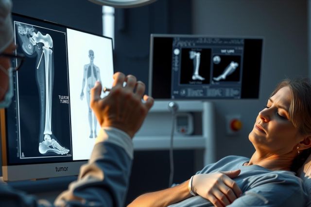 The image portrays a medical setting with two people present. One individual is seated on an examination table and appears to be undergoing a procedure or diagnosis, as indicated by the medical equipment surrounding them. Another person stands at their side, operating what looks like a surgical or diagnostic device, which may include a digital display screen showing an X-ray image. Both individuals are dressed in typical medical attire, suggesting that this is a professional environment such as a hospital or clinic.