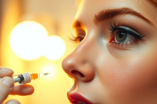 A woman in a modern setting is receiving an injection into her nose. She appears to be at a medical facility, possibly for cosmetic or dermatological purposes.