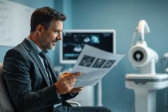 A mature man in a suit examines medical scans in a modern hospital setting. Blue walls and medical equipment create a clinical environment. Focus on healthcare, diagnostics, and patient care.
