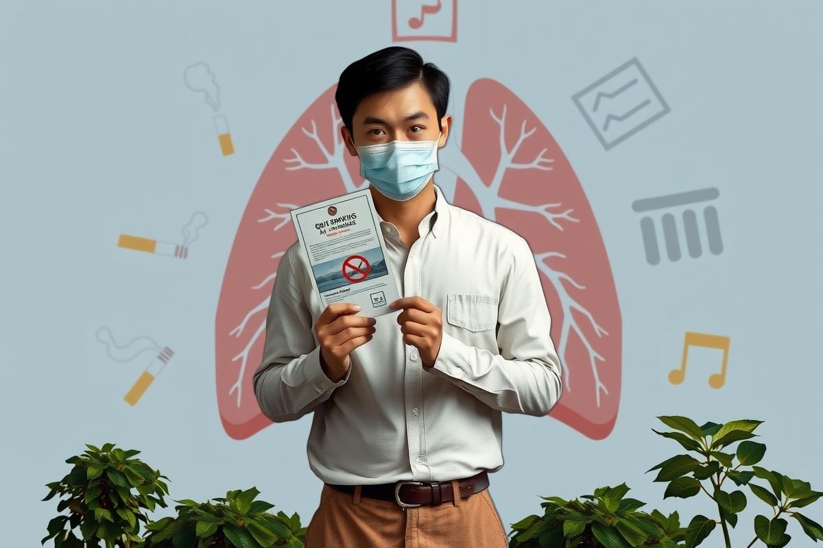 The image features a young adult male wearing a white mask, sitting in front of an illustrated representation of lungs. He holds a blue booklet with his hands and appears to be promoting or discussing respiratory health topics.